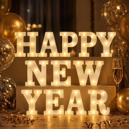 12 Pcs Happy New Year Decorations 2027 New Year's Eve Light up Signs Battery Powered LED Letter Lights for Wall Shelf Table 2027 Midnight Celebration Party Supplies Winter Home Decor - style: Happy New Year