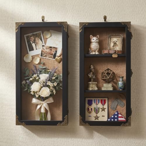 Shadow Box Frame 8x16 with Real Glass Door, Extra Deep 4 Inch Memory Display Case, Solid Wood Shadow Box Display for Medals, Collectibles, Photos, Flowers, Wall or Tabletop () - size: Tall Deep 8x16 Black