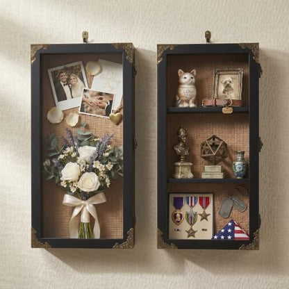 Shadow Box Frame 8x16 with Real Glass Door, Extra Deep 4 Inch Memory Display Case, Solid Wood Shadow Box Display for Medals, Collectibles, Photos, Flowers, Wall or Tabletop () - size: Tall Deep 8x16 Black