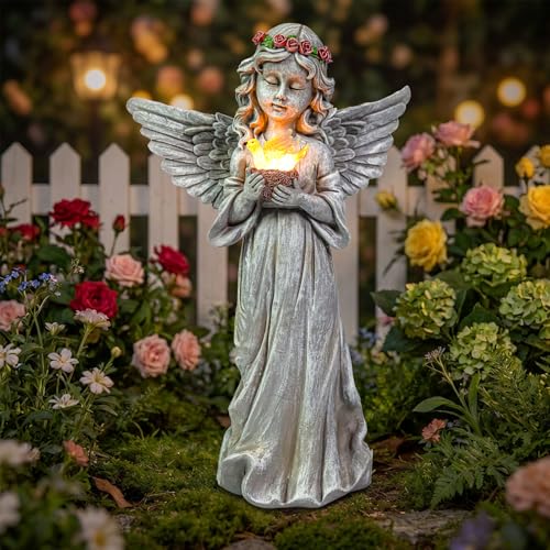 Angel Garden Statue, Solar Angel Figurines Hold Bird's Nest with LED Lights - style: Dove