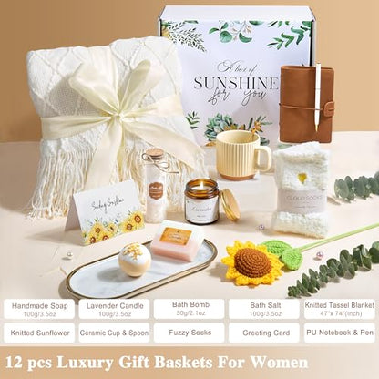 Birthday Gifts for Women, Get Well Soon Self Care Package After Surgery | Mothers Day Birthday Gifts, Sending Sunshine Sunflower Basket, Thinking of You Inspirational Gift for Mom Her Sister Wife