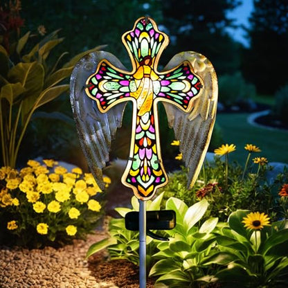 TEDOF Solar Glass Cross Stake Lights with Angel Wings | Grave Decorations for Cemetery Outdoor Cemetery Yard Lawn Pathway Sympathy Remembrance Gift for Mom