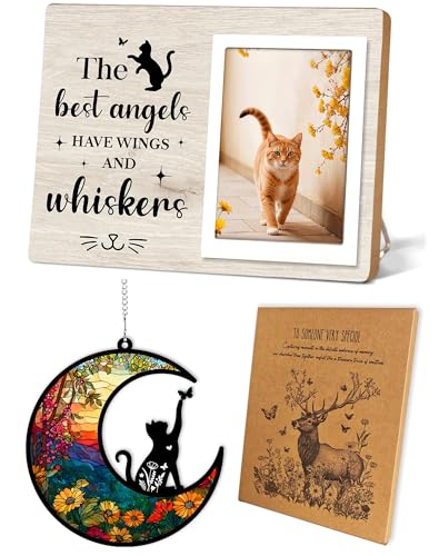 Memorial Picture Fram&Cat Memorial Suncatcher Gift Set, Pet Picture Frame, Sympathy Gifts for Loss of Loved Pet, Bereavement Gifts for Loss of Cat, Remembrance Photo Frame or Memorial Gift, Fits 4x6In Photo(MXK01) - color: MXK01