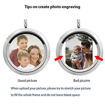Stainless Steel Personalized Custom Photo Engraving Crystal 30mm Round Pendant Floating Locket Chain Necklace