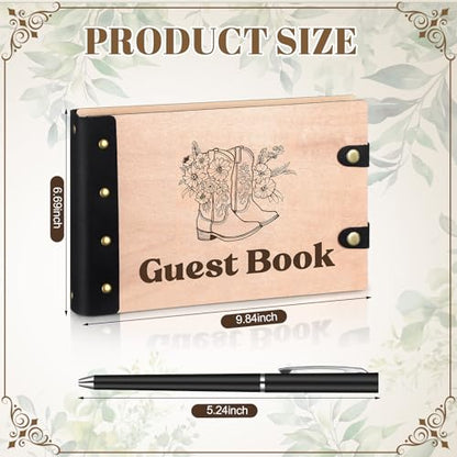 Engrowtic Western Cowboy Wedding Guest Book with Pen Wooden Guestbook Wedding Reception with Leather 7 x 10 Inches Wood Grain Guest Book Signing for Birthday Bridal Shower Baby Shower Decor - style: Western