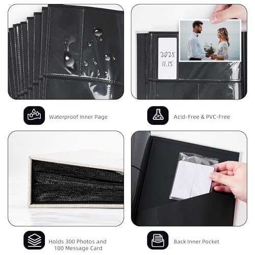 Vienrose Fabric Cover Photo Album 4x6 with Front Window, 300 Picture Pockets and 100 Message Card Slots for Wedding Baby Family, Black - color: Black, size: 300 Pockets