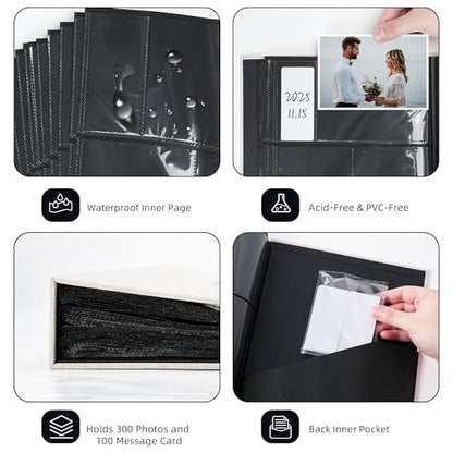 Vienrose Fabric Cover Photo Album 4x6 with Front Window, 300 Picture Pockets and 100 Message Card Slots for Wedding Baby Family, Black - color: Black, size: 300 Pockets