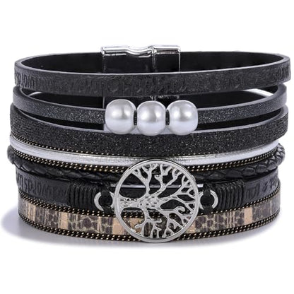 Tree of Life Inspirational Leather Wrap Bracelets Boho Western Cowgirl Cuff - color: Black