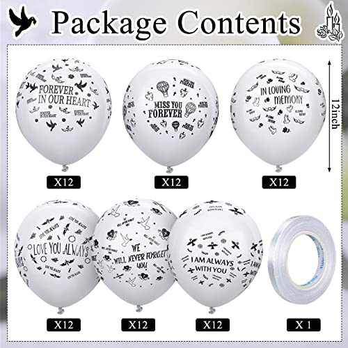 72 Pcs Memorial Balloons Set White Remembrance Funeral Celebration of Life Latex Balloon with Ribbon Love You Always Miss You Forever We Will Never Forget You Balloons Decorations 12 Inch