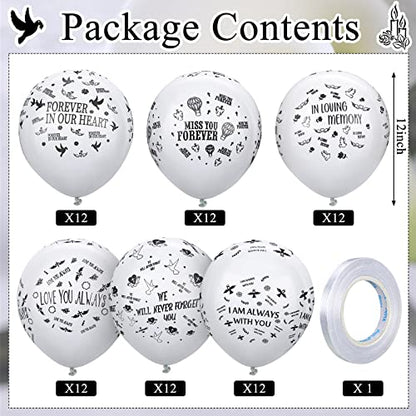 72 Pcs Memorial Balloons Set White Remembrance Funeral Celebration of Life Latex Balloon with Ribbon Love You Always Miss You Forever We Will Never Forget You Balloons Decorations 12 Inch