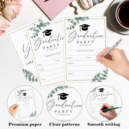 DETIHO Graduation Party Invitations 2026, Greenery Graduate Celebration | Invites with Envelopes | 20 Pack Grad Announcement Cards - G03 - style: Greenery