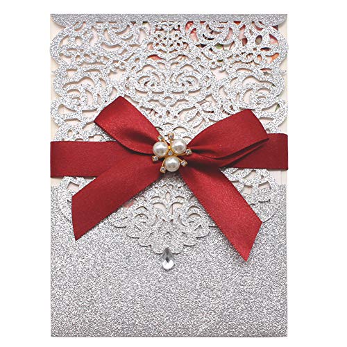 25Pcs Silver Glitter Laser Cut Invitations with RSVP Cards and Envelopes - color: Glitter Silver