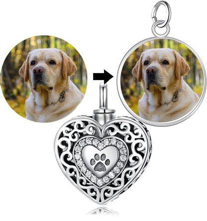 Filigree Dog Paw Urn Locket Necklace 925 Sterling Silver Print Pet Urn Necklace for Ashes Engraved Personalized Cremation Jewelry Pictures Keepsake Memorial Gifts for Women Men - style: A Custom Engraved