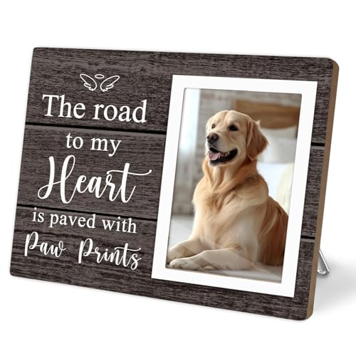 Pet Picture Frame, Pet Wooden Photo Frames Gift, Gifts for Dog Dad Mom, Dog Lovers Gift, Picture Frame for Dogs Cat Pets that Passed, The Road To My Heart Is Paved With Paw Prints, 4x6Inch Photo - color: Dark brown