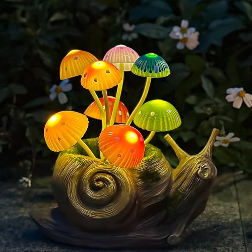 Solar Garden Snail Statue Gift, 1 Pack Solar Outside Snail Sculpture, Outdoor Patio Landscape Mushroom Decorative Art, Porch Deck Balcony Front Garden Decoration, Unique House Warming Gift - color: Snail Mushroom