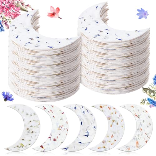 Dunzoom 100 Pcs Handmade Seed Paper Plantable Wildflower Seed Paper Recycled Flower Petals Tags Wedding Favors for Guests Gifts Cards for Envelope Birthday Party, 5 Styles (Moon) - style: Moon