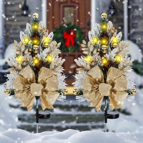 2 Pack Gold Outdoor Pathway Christmas Tree Urn Filler Solar Waterproof Cemetery Xmas Tree Faux Pine Cones Gold Christmas Ball Berry Pathway Light Ornament Stakes for Yard Garden Lawn Walkway Cemetery - color: Gold