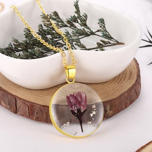 AUNTESIGN Forget-Me-Not and Queen Anne's Lace Pressed Wildflower Necklace | Birth Month Flowers Necklace | Gold/Silver Pressed Flower Jewelry | Mother's Day | Gift For Her - color: Poppy Necklace(August Birth Flower)