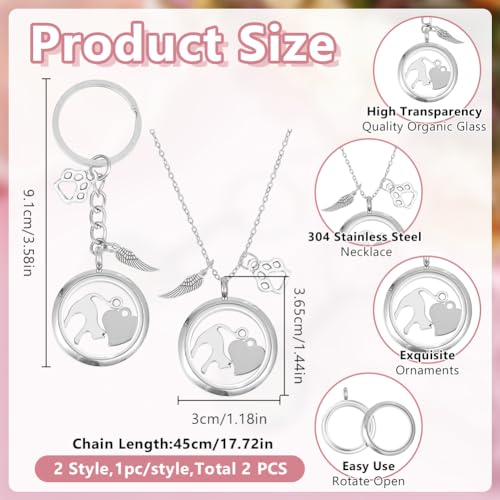 2PCS Pet Ashes Necklace Dog Hair Keepsake Fur Locket Keychain Set Cat Dog Remembrance Jewelry with Paw Heart Wing Pet Memorial Urn Necklace for Cats Dogs Women Men Loss Pet Sympathy Gift - color: Silver Necklace Keychain
