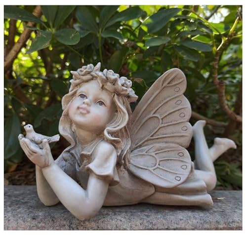 Fairy Garden Decor, Angel Holding a Bird Garden Statues for Outside | Resin Fairies for Fairy Garden, Cute Yard Ornaments Outdoors, Ideal Gifts for Mom and Grandma, 11” Width - color: Angel Holding a Bird