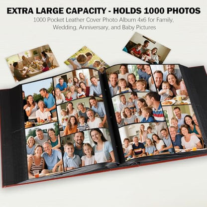 Aevdor Large Capacity 4x6 Photo Album, 1000 Photos, Leather Cover, Brown | 3 Horizontal + 2 Vertical per Side, Acid-Free Black Inner Pages, Front Display Window, Family, Wedding & Everyday Photos - color: Brown