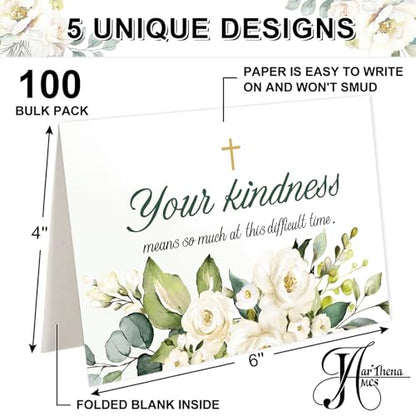 JarThenaAMCS 100 Pack Funeral Thank Your Cards with Envelope Sticker Watercolor White Floral Sympathy Flower Cross Bereavement Card with Message for Memorial Service Loves Ones Celebration of Life