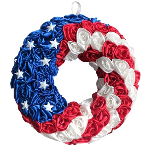 14 Inch Patriotic Roses Handcrafted Wreath, Artificial 4th of July Soft Touch Silk Roses and Metal Stars Wreath for Front Door, Memorial Day for Indoor and Outdoor - size: 14 Inch
