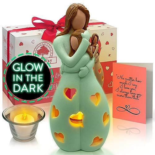 Mother-Daughter Glow in The Dark Candle Holder Statue with Flickering LED Candle | Hand-Painted - Unique Gifts for Mother's Day, Christmas, Birthday | Greeting Card Included - color: Mom & Gaughter (Glow-light Brown)