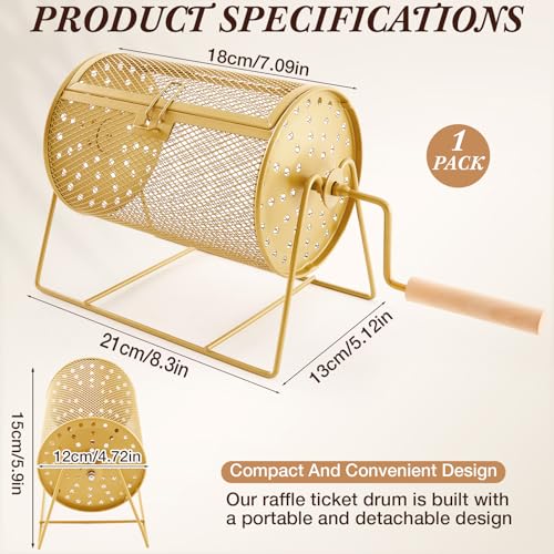 Teenyyou Raffle Drum Holds 600 Tickets, Metal Ticket Wheel Spinner with Stand, Raffle Tickets Cage for Games Events, Parties, School Drawings( Crank Handle, Gold, 7.09" x 4.72", Small) - color: Gold, size: 7.09" X 4.72", Small, style: Crank Handle