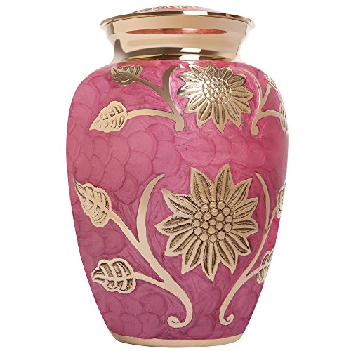 Pink Flower Funeral Urn by Liliane Memorials - Cremation Urn for Human Ashes - Brass - Suitable for Cemetery Burial or Niche - Rose Lisette Model - Large Size fits Remains of Adults up to 200 lbs - color: Pink