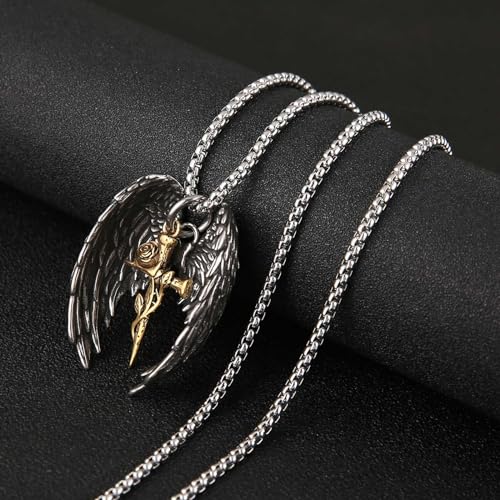 HZMAN Angel Wing Necklace for Men Women Stainless Steel Gothic Punk Angel Wing Cross/Angel Pendant Faith Amulet Jewelry Gift - color: Rose Cross