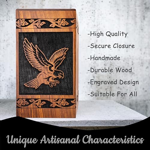 Urns for Human Ashes Adult Man - Funeral Urns, Wooden Urn, Burial Urns, Cremation Urns, Urn for Human Ashes Adult Female, Decorative Urn (Black, Extra Large, Single Eagle) - size: Extra Large