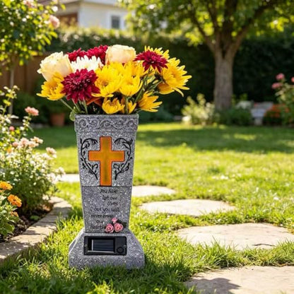 HUYIENO Solar Cemetery Vase for Grave Decor Cemetery Decor Waterproof Memorial Fresh or Artificial Flowers Holder with Warm Cross Light Sympathy Gifts for Loss of Loved One - style: Cross
