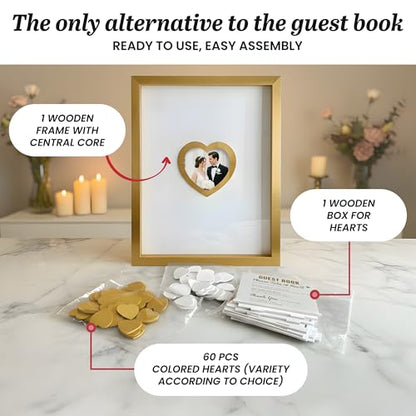 Gold Wedding Guest Book Alternative, Guest Book Wedding Reception, Wedding Guest Book with Wooden Hearts Guest Book Signs for Wedding Anniversary Birthday Party Baby Shower - color: Gold