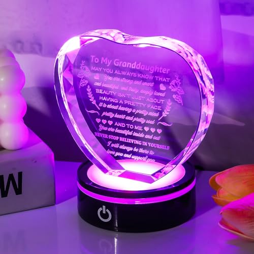 YWHL Granddaughter Gifts from Grandma Graduation Birthday Gifts for Granddaughter Heart Crystal to My Granddaughter Keepsakes Gift with Colorful Base on Wedding Back to School Valentine Christmas - color: Granddaughter Gifts+led