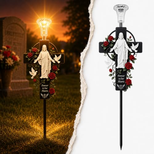 Solar Jesus Memorial Decorations for Cemetery - Grave Decor LED Lights - color: Jesus Dove Cross