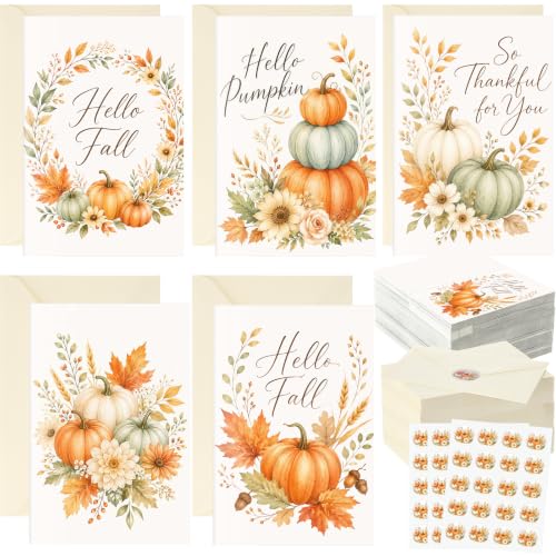Eaasty 50 Sets Cards with Stickers and Envelopes Blank Inside Funny 5 Style Greeting Card Designs(Fall Style) - style: Fall Style