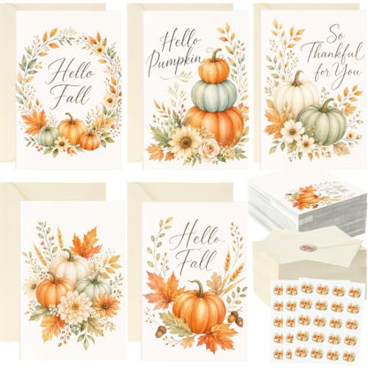 Eaasty 50 Sets Cards with Stickers and Envelopes Blank Inside Funny 5 Style Greeting Card Designs(Fall Style) - style: Fall Style