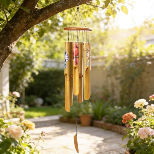 Bamboo Wind Chimes for Outside, Cardinal Wooden Wind Chime Memorial Gifts - size: 38" Cardinals
