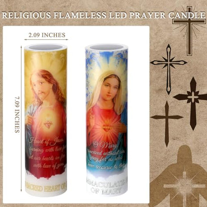 Landhoow Immaculate Heart of Mary and Sacred Heart of Jesus 2 LED Candle | Flameless Wax ,Religious LED Prayer Candles, Battery Operated Remote, Safe for Baptism Church Home Altar - style: Immaculate Heart of Mary and Sacred Heart of Jesus