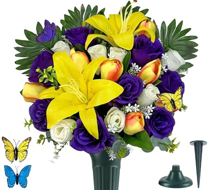 MUVIC Artificial Cemetery Flowers - Memorial Flowers - Outdoor Sympathy Grave Flower Decorations for Mothers Day,Fathers Day,Lily/Rose