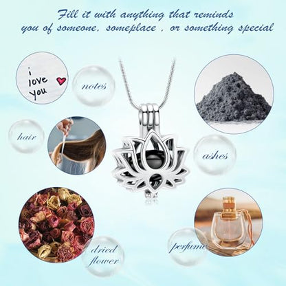 Cremation Jewelry Lotus Flower Urn Necklaces for Ashes Stainless Stell Memorial Ash Pendant Necklaces with Mini Urn Keepsake Ash Jewelry for Men Women Gifts with Funnel Filler Kit - color: Silver-Black
