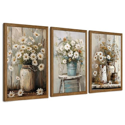 DUWQU Triptych Rustic Farmhouse Daisy Framed Canvas Wall Art 20x30 inch x3 - color: flower(Framed), size: 30"L x 20"W