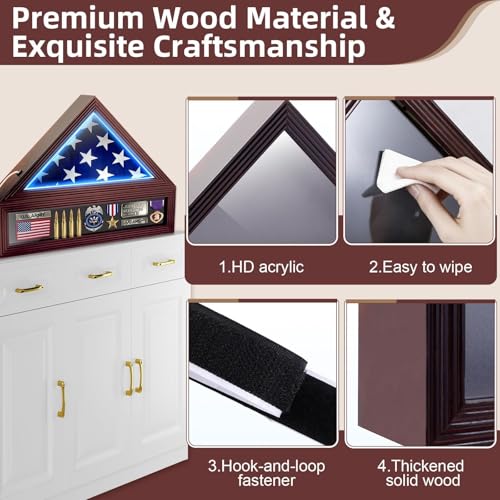Flag Display Case, Fits Folded 3x5' American Flags (Not for Burial Flag), Military Flag and Certificate Shadow Box with LED Lights, Flag Cases for Wall Mounted or Tabletop