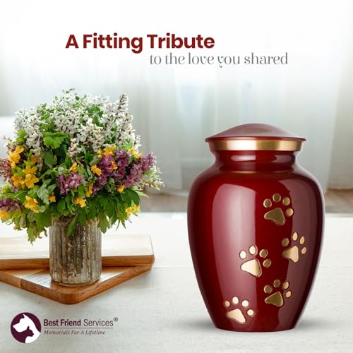 Ottillie Legacy Crimson/Brass/Vert Urn, up to 25lbs - color: Crimson, Vertical Brass Paws, size: Small