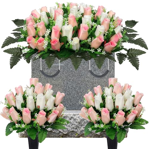 3 Pcs Artificial Cemetery Flower,Grave Flowers for Cemetery,Headstone Flower Saddle,Memorial Grave Flowers for Tombstone Decoration (Pink White) - color: Pink White