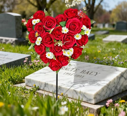 Artificial Cemetery Flowers, Grave Memorial Flowers with Ground Spike,Heart Shaped Wreaths Rose Daisy for Gravesites Decoration（Red）