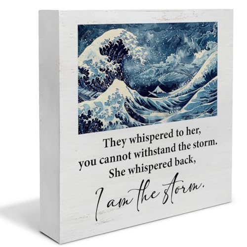Inspirational Gifts for Women Vintage Home Decor, Ocean Wave Art Wooden Box Sign Keepsake, Girl Power I am the Storm Quote Wood Block Plaque Box Sign for Home Office Desk Decor(5 x 5 Inches) - color: They