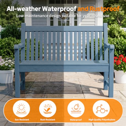 2-Person Outdoor Bench with 700 Lbs Weight Capacity,(Blue) | Poly Lumber Weatherproof Garden Bench Seating for Porch, Balcony and Park, All-Weather Patio Bench Furniture - color: Blue