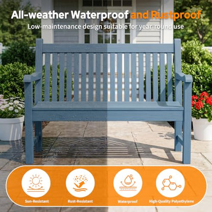 2-Person Outdoor Bench with 700 Lbs Weight Capacity,(Blue) | Poly Lumber Weatherproof Garden Bench Seating for Porch, Balcony and Park, All-Weather Patio Bench Furniture - color: Blue
